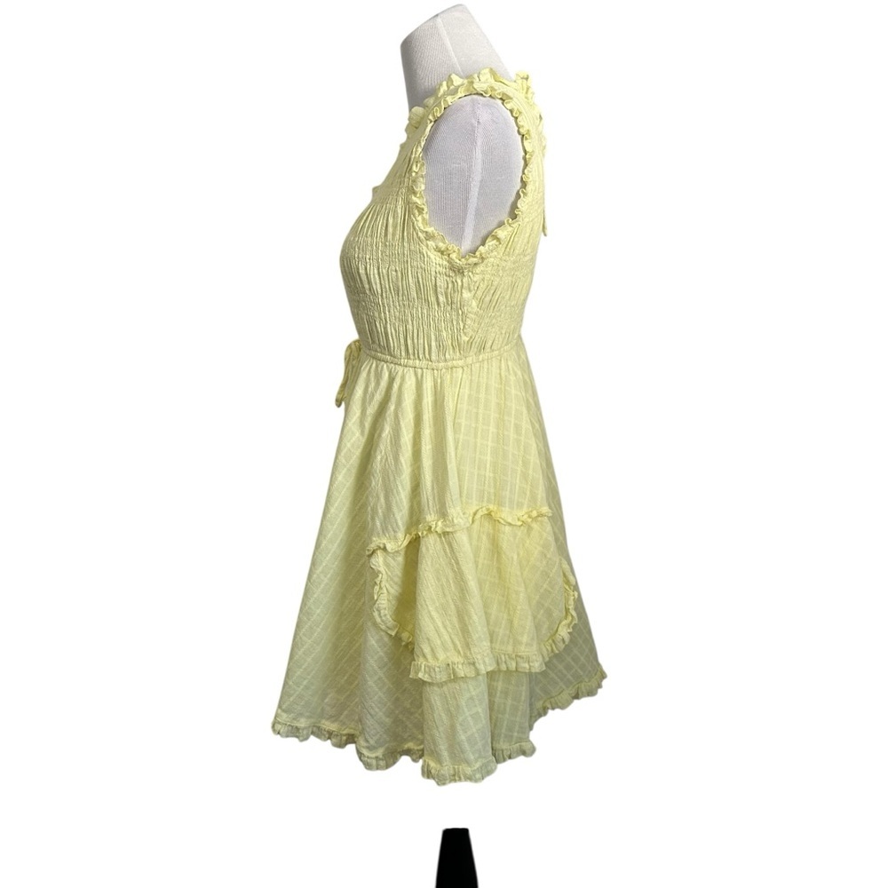 Hailey & Co Womens Smocked Ruffled Mini Dress Sz Small Yellow Sleeveless Lined - Picture 5 of 10